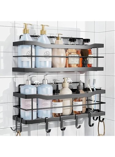 2 Pack Shower Rack Bathroom Storage Box, Wall Mounted Shower Storage Rack with Hooks, Non-Drilled Rust Resistant Stainless Steel Self Adhesive Shower Rack for Bathroom and Kitchen Storage（Black）