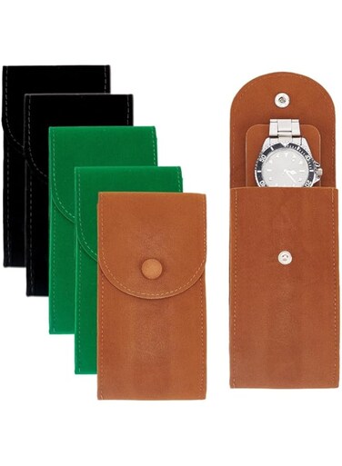 SWIUKPHE Velvet Watch Pouch, 2.64&times;5.12" Double-Sided Portable Single Watch Pouch Watch Travel Storage Bag and Organizer with Insert Cardboard and Snap Button, Black/Sienna/Green, 6 Pcs 3 Colors