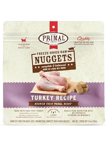 Primal Pet Foods Freeze Dried Cat Nuggets Turkey; Complete &amp; Balanced Meal or Topper; Premium, Healthy, Grain Free, High Protein Raw Cat with Probiotics (5.5 oz)