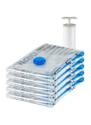 Amazon Basics Vacuum Compression Zipper Storage Bags with Airtight Valve and Hand Pump, Large, 5-Pack, Clear