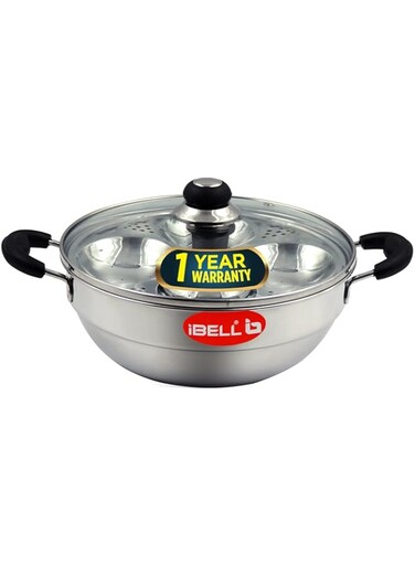 iBELL 2P08G Multi Purpose Kadai with Idli Maker Stainless Steel, 2 Plates 8 Idlies, with Glass Lid