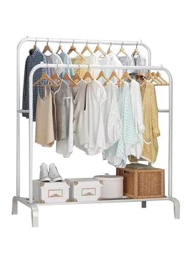 Multipurpose Clothing Garment Rack with Bottom Shelves,Metal Clothes Stand Rack with Rod and Lower Storage Shelf, Heavy Duty Coat Rack and Shoe Bench Storage Stand for Indoor Bedroom Double Rack/white