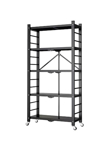 KOVEO Pre-Assemled 5 Tier Heavy Duty Foldable Storage Shelf, Multipurpose Organizer for Kitchen, Garage, Living Room, Bedroom &ndash; Metal Shelves, Home Storage Rack, Easy Assembly (Black)