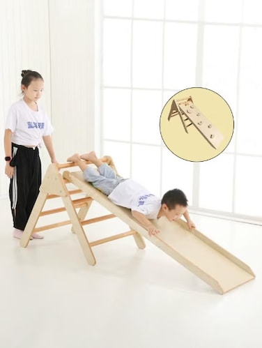 Kids Foldable Slide Natural Wooden Triangle Climber With Ramp For Toddlers