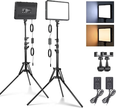 NEEWER BASICS 2 Pack 25W LED Video Panel Lighting Kit, 2 59" Tripod Stands, 4 Cold Shoes, 2880lx/0.5m 2700-6500K Dimmable Slim Panel Light for Studio Photography Video Recording Live Streaming, BP25B