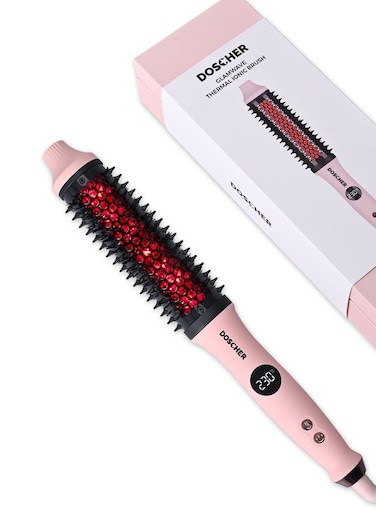 DOSCHER Thermal Brush, Hair Styler Brush with Infrared &amp; Negative Ions, 38mm Straightening Brush for Dry Hair, Smooth &amp; Shiny Waves, Up to 230&deg;C, Global Voltage
