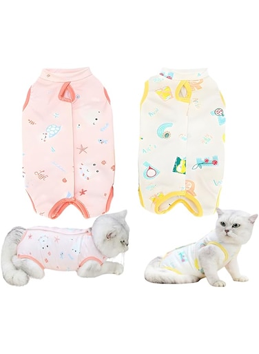 YEVTAHT 2 Pieces Cat Recovery Suit for Abdominal Wounds or Skin Diseases,Professional E-Collar Alternative After Surgery Wear Anti Licking Wounds for Cats/Dogs (Star Pink,Yellow M(3.3LB-5.5LB))
