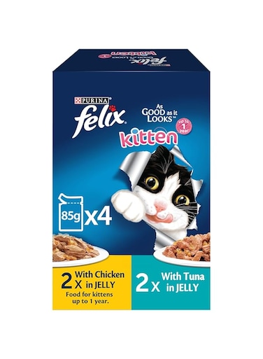 Felix Purina As Good As It Looks Kitten Cat Food in Jelly (2x 85g Chicken Pouches + 2x 85g Tuna Pouches)