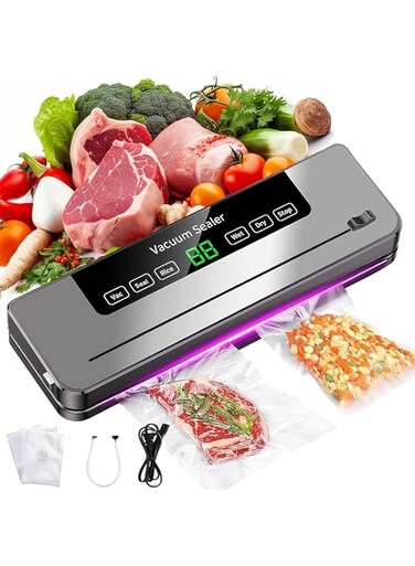 Vacuum Sealer, 6-in-1 Full Automatic Food Saver Machine with 30Pcs Bags, One-Touch Automatic Food Sealer with External Vacuum System, Dry/Moist Food Sealer, Built-in Cutter for Food Fresh Storage