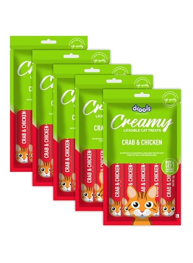 Drools Creamy Lickable Cat Treats, Crab &amp; Chicken, Pack Of 5 (25 Pcs, 375Gm)   Rich In Protein, Promotes Hydration, No Artificial Preservatives   Best For Training &amp; Bonding   For Kitten &amp; Adult