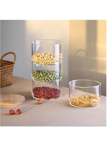 IEW Spice Jars with Lid, 4-Tier Stackable Glass Jars with Airtight Bamboo Lid, Microwavable Food Storage Containers for Fruit Vegetable Salad, Large Clear Glass Canister for Candy Cookie