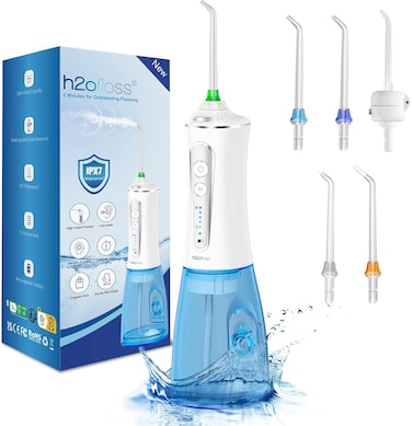 H2ofloss Water Dental Flosser for Teeth Cordless,300ML Portable &amp; IPX7 Waterproof Teeth Cleaner Picks,5 Modes Rechargeable Oral Irrigator with Refilled Nozzle for Home/Travel
