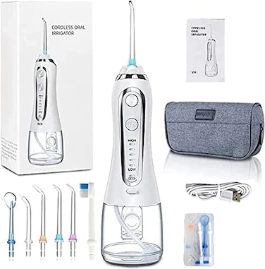 Youtrico Water Flosser Cordless Oral Irrigator Portable Rechargeable Dental Flossers with 5 Modes &amp; 6 Tips Water Flossing with 300ML Water Tank for Home and Travel, Braces &amp; Bridges Care (White-H6)

