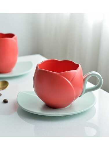 retro tulip red coffee cup, beautiful and exquisite flower mug, afternoon tea ceramic cup and saucer set