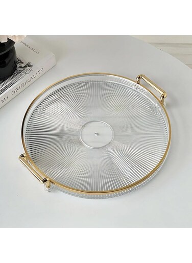 27cm Clear Acrylic Round Serving Tray with Handles, Decorative Organizer for Coffee Table, Snacks, Drinks, Fruit &amp; Home Entertaining (Gold Accents)