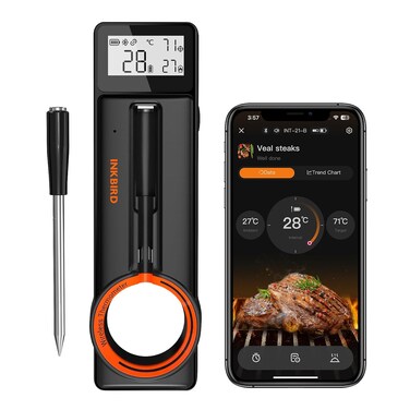 INKBIRD Wireless BBQ Thermometer INT-21-B, Bluetooth Meat Probe Thermometer with 5MM Ultra Thin Probe, HD LCD Display, 60 Min Offline Data Storage, Temperature Alarms for Grilling, Cooking, Roasting