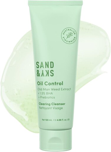 Sand &amp; Sky Oil Control Cleanser - Gentle Daily Facial Cleanser for Oily Acne Prone Skin   Removes Makeup, Opens Pores, Soothes Inflammation   With Salicylic Acid, AHAs, Prebiotics 120ml