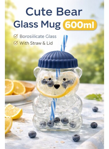 Aswaaq Cute Bear Glass Cup 600ML   Handmade Borosilicate Tumbler with Straw &amp; Silicone Lid   Aesthetic Coffee Mug for Iced Coffee, Boba &amp; Tea   Microwave Safe   Fast UAE Delivery 6 Vibrant Colors [Blue]
