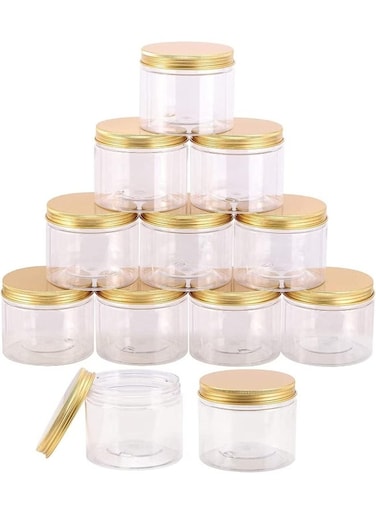 Alsaqer 12 Pieces 250 ml Empty Bottle Refillable Clear Plastic Jars with Gold Lids for Food Home Storage Products Round Containers Candy, Spices, Biscuits