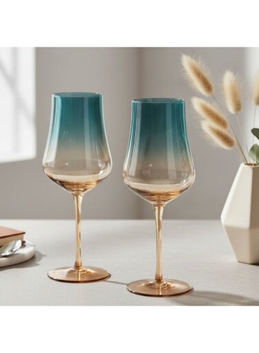 2-Piece Wine Glass 480mL, Handmade Mouth Blown White Wine Glasses   Elegant Gradient Teal Color Glass   Long Stem Crystal Clear Glasses Excellent Gift Choice for Wedding, Anniversary, Birthday