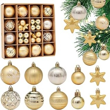 VUCATIN Christmas Baubles, 44 Pcs Christmas Tree Balls Ornaments, Christmas Decorative Hanging Baubles for Home Party Holiday Wedding Tree Decorations Xmas Gifts (gold)