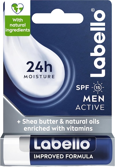 Labello Men Active Lip Balm, SPF 15, 24H Melt-In Moisture, With Naturally Derived Ingredients, Mineral Oil Free, Fragrance Free, 4.8G