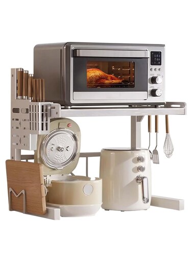 Expandable And Height Adjustable Metal Microwave Oven Rack, Microwave Stand, Pots Pans Organizer with 6 Hooks, Chopping Board Holder, Knife Holder, Chopstick Holder Adjustable Expandable for Kitchen Storage (White, 2 Tier)