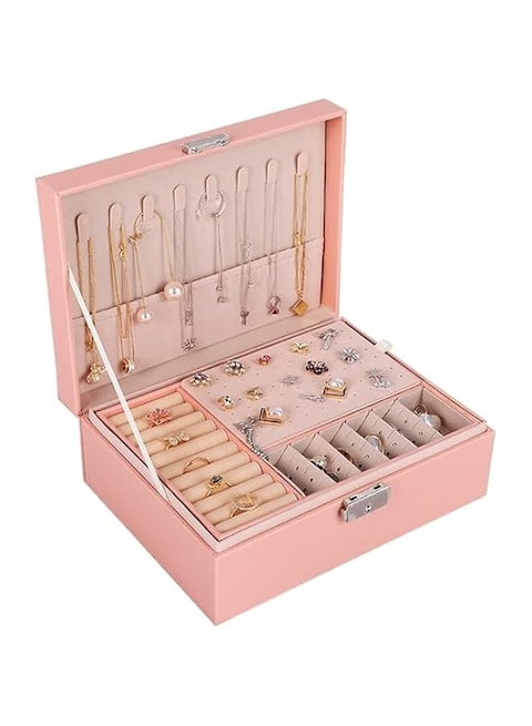 BPA Jewelry Box Organizer for Women Girls, Large Travel Leather Storage Box With Two Layers Display For 74 Ear Studs 12 Earrings 8 Necklaces 6 Bracelets &amp; Watches 9 Rings and 9 Extra (Pink)
