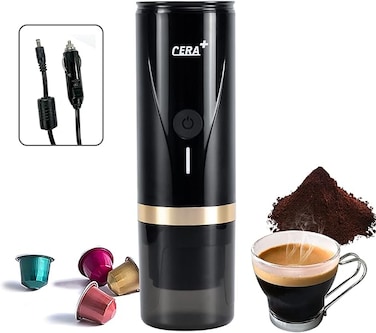 CERA+ Portable Espresso Machine One Key Self Heating 12V Mini Coffee Maker for Car 20 Bar Pressure Compatible with NS Capsule and Ground Coffee for Camping, Travel, RV, PCM02