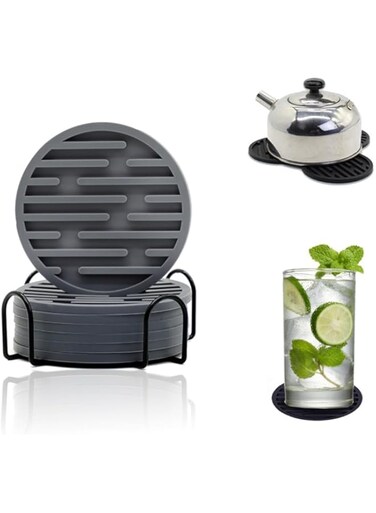 Duomama Premium Black Coasters for Drinks - Silicone Coasters Set of 6 with Holder Soft Absorbent Cup Mats for Coffee Table - Stylish Kitchen and Coffee Table Decor with Striped Groove Design