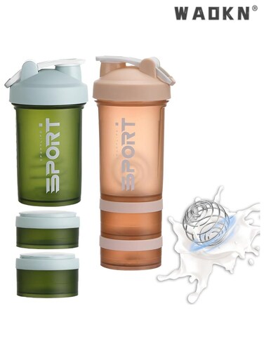 Protein Shaker Bottle 2 Pack 500ml / 17oz Shaker Bottle for Protein Mixes Leak-proof BPA Free 3-Layer Protein Shaker with Supplement Pill Storage Container Gym Shaker Cup (Green &amp; Orange)