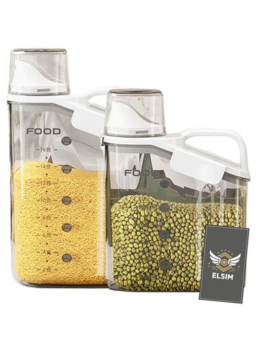 ELSIM 2pc Airtight Grain Jar Plastic Rice Container Set - 2800ml + 2000ml BPA-Free Food Storage Containers with Lids - Moisture-Proof Rice Barrels for Kitchen Storage, Pantry, Organizers
