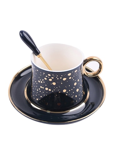 Ceramic Tea Cup And Saucer Set With Spoon Dark Blue/Gold 240ml