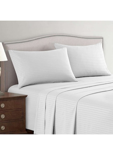 Linen Klub 3-Piece Double Bed Sheet Set &acirc;&euro;&ldquo; 100% Cotton Sateen Stripe Patterned &acirc;&euro;&ldquo; Size: 220x240cm + 2 Pillowcases 50x75 cm &acirc;&euro;&ldquo; Ultra-Soft, Luxury Hotel Collection Cotton White 220x240cm