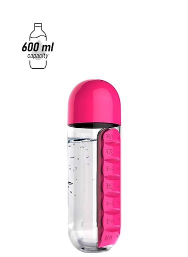 Plastic Water Bottle With Daily Pill Box Organizer Pink/Clear