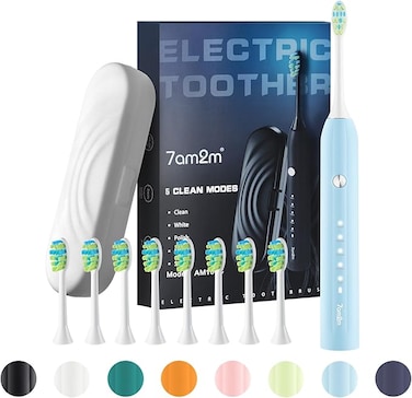 7AM2M Sonic Electric Toothbrush for Adults and Kids, with Travel Case &amp; 8 Brush Heads, 5 Modes with 2 Minutes Build in Smart Timer, Roman Column Handle Design (Light Blue)
