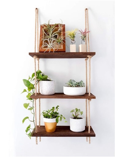 3 Tier Boho Style Wood Wall Shelf Hanging Floating Shelves Storage Organizer with Woven Rope