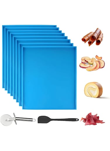 THE WHITE SHOP 8PCS Silicone Dehydrator Trays with Edge Fruit Leather Trays 12 x 10 Inch Non-stick Dehydrator Mats with Silicone Scraper Cutter Wheel for Fruit Vegetables Meat Herbs and Liquid