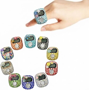 12 Pcs Bling Crystal Digital Finger Counter Set &ndash; Sparkly Rhinestone Tasbih for Zikr &amp; Prayer &ndash; 5-Digit LCD Electronic Hand Tally Counter for Knitting, Sports, Crochet &amp; Meditation &ndash; Ramadan Gift Pack
