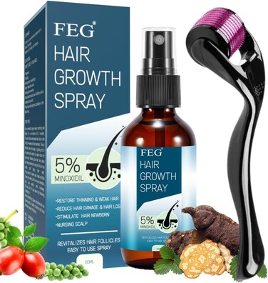 طقم سيروم المينوكسيديل 5% لإنبات الشعر مع الديرما رولر – علاج البيوتين لإعادة النمو للرجال والنساء – زيت إنبات الشعر واللحية المتطور لمظهر أكثر كثافة وصحة (60 مل)