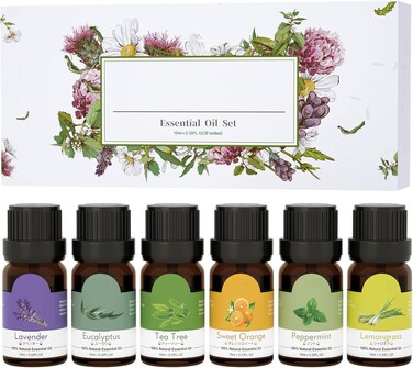 Essential Oils Set 6x10mL Aromatherapy Starter Kit for Diffusers, Lavender Eucalyptus Lemongrass Tea Tree Orange Peppermint Gift Set for Home Relaxation