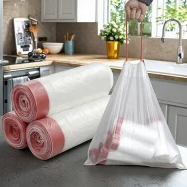 Transparent Drawstring Trash Bags 5 Rolls (75 Pcs) 5 Gallon Small Garbage Bags with Handles 45&times;50cm Leakproof Bin Liners for Kitchen, Home &amp; Office Waste