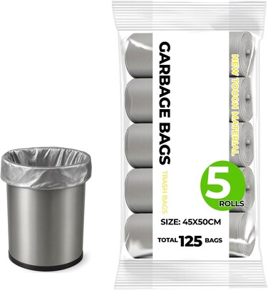 Biodegradable Small Garbage Bags 45&times;50cm &ndash; 125 Bags (5 Rolls) Leakproof Bin Liners for Kitchen, Bathroom &amp; Office Trash Cans