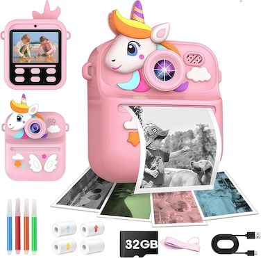 Kids Instant Print Camera 1080P 4-Color Printing Digital Camera with 180&deg; Flip, Case, 32GB Card, 4 Rolls Paper, Pens &amp; Games