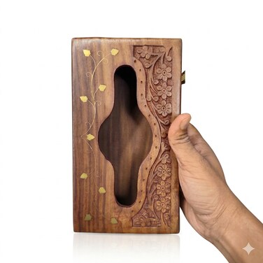 Handmade Wooden Tissue Box Cover with Brass Inlay and Velvet Interior, Elegant Napkin Holder for Home, Office and Living Room D&eacute;cor