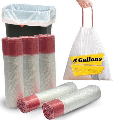 5 Rolls Transparent Drawstring Trash Bags 45 x 50 CM Garbage Bags for Home, Office, Kitchen, Bathroom and Bedroom Waste Bins