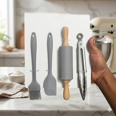 4-Piece Silicone Baking Tool Set with Rolling Pin, Spatula, Pastry Brush and Tongs, Heat Resistant Non-Stick Kitchen Tools