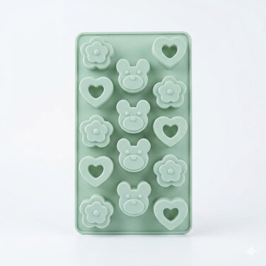 12-Cavity Silicone Gummy and Chocolate Mold &ndash; Bear, Flower &amp; Heart Shapes &ndash; Non-Stick BPA-Free Baking Tray for Candy, Ice Cubes &amp; Fondant, Sage Green
