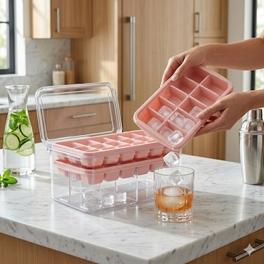 طقم قوالب مكعبات ثلج 3 قطع مع غطاء ومجرفة ثلج، تصميم قابل للتكديس وآمن غذائياً لتخزين وصنع مكعبات الثلج للمشروبات والكوكتيل