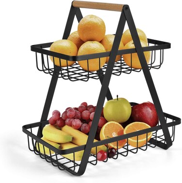 2-Tier Countertop Fruit Basket Storage Rack &ndash; Metal Vegetable Organizer &amp; Bread Display Stand for Kitchen, Space-Saving Kitchen Storage Shelf (Black)